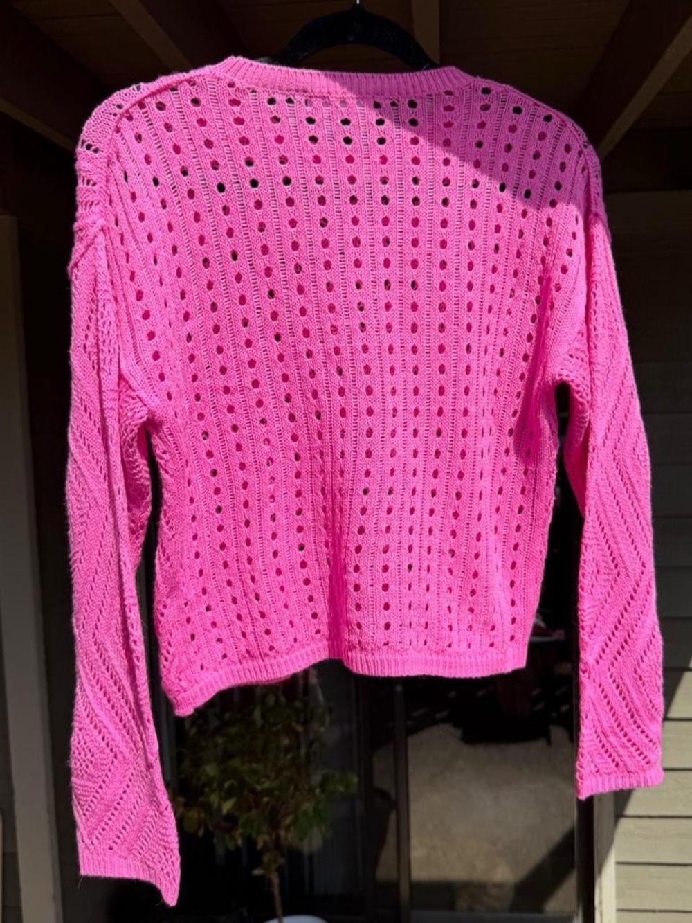 Hot Pink Crochet Open-Knit Diamond Crewneck Sweater - Picture 2 of 6